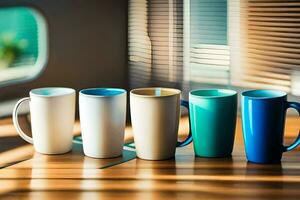 five different colored coffee mugs on a table. AI-Generated photo