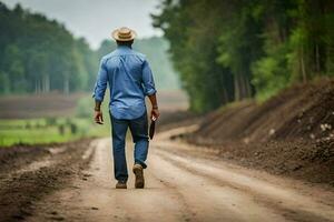 un hombre en un sombrero camina abajo un suciedad la carretera. generado por ai foto