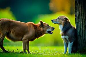 dos perros son en pie siguiente a cada otro en el césped. generado por ai foto