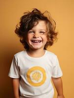 Happy European kid in casual clothing against a neutral background AI Generative photo