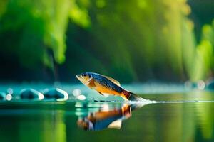 un pescado es saltando fuera de el agua. generado por ai foto