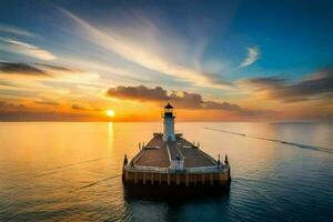 a lighthouse at sunset with a boat in the water. AI-Generated photo