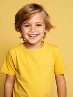 Happy European kid in casual clothing against a neutral background AI Generative photo