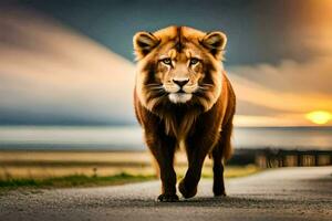 un león caminando abajo el la carretera a puesta de sol. generado por ai foto