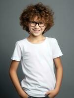 Happy European kid in casual clothing against a neutral background AI Generative photo