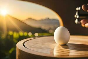 a person holding a white egg on a table. AI-Generated photo