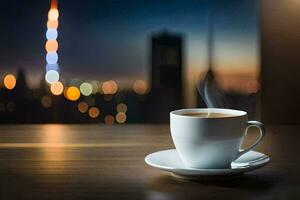 un taza de café en un mesa en frente de un paisaje urbano generado por ai foto