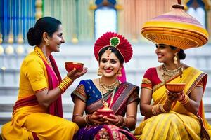 Tres mujer en tradicional indio atuendo sentado juntos. generado por ai foto