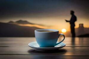 a man is standing on a wooden table with a cup of coffee and a man is standing in. AI-Generated photo