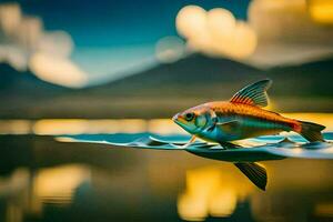 a fish is floating on the water with mountains in the background. AI-Generated photo