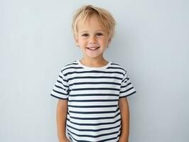 Happy European kid in casual clothing against a neutral background AI Generative photo