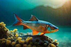 un pescado es en pie en el Oceano piso con coral. generado por ai foto