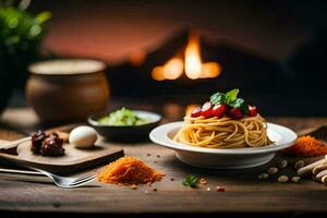 spaghetti with meat and vegetables on a wooden table. AI-Generated photo