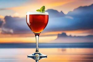 a glass of red wine with mint leaves on the rim. AI-Generated photo