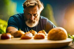 un hombre con un barba y barba es mirando a algunos alimento. generado por ai foto