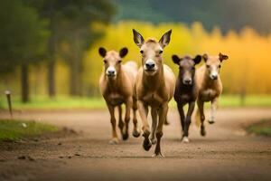 un grupo de ciervo corriendo en un suciedad la carretera. generado por ai foto