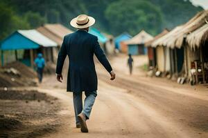 un hombre en un traje y sombrero caminando abajo un suciedad la carretera. generado por ai foto