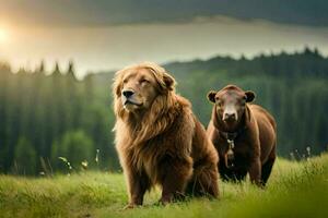 dos marrón perros y un león en el césped. generado por ai foto