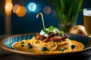 a plate of spaghetti with meat and sauce on a wooden table. AI-Generated photo