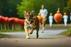 a tiger running through a field with people in the background. AI-Generated photo