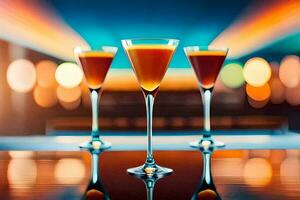 three glasses of orange liquid sitting on a bar. AI-Generated photo