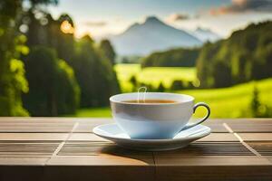 a cup of coffee on a wooden table in the mountains. AI-Generated photo