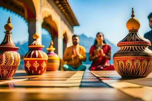 people sitting on a wooden floor with colorful vases. AI-Generated photo