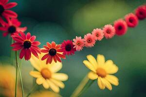 colorful flowers are in a row with a green background. AI-Generated photo
