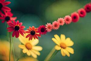 vistoso flores son en un fila con un verde antecedentes. generado por ai foto