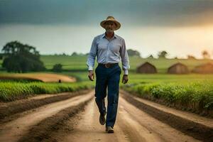 un hombre en un sombrero y camisa caminando abajo un suciedad la carretera. generado por ai foto