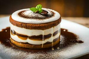 un postre con chocolate y crema en un blanco lámina. generado por ai foto