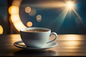 a cup of coffee on a wooden table with a bokeh background. AI-Generated photo