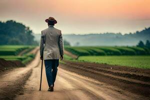 a man walking down a dirt road with a cane. AI-Generated photo