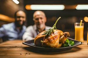 a man and woman sitting at a table with a roast chicken. AI-Generated photo