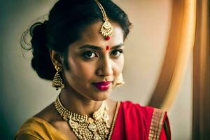 a beautiful indian woman wearing jewelry and a red sari. AI-Generated photo