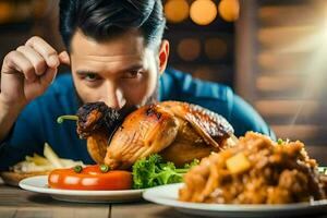 un hombre es comiendo un asado Turquía en un lámina. generado por ai foto