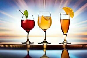 three different types of alcoholic drinks on a table. AI-Generated photo