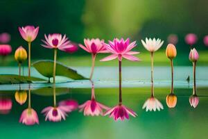 pink lotus flowers in the water with green leaves. AI-Generated photo