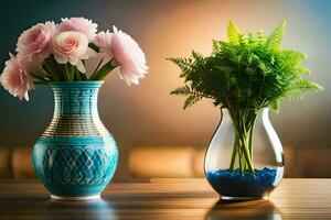 two vases with pink flowers in them on a table. AI-Generated photo