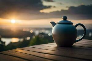 a teapot on a wooden table with a sunset in the background. AI-Generated photo