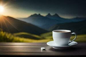 un taza de café y un píldora en un mesa en el montañas. generado por ai foto