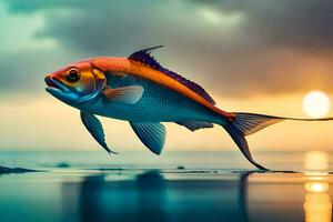 un pescado es nadando en el Oceano a puesta de sol. generado por ai foto