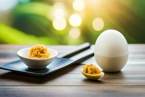 an egg and a bowl of food on a table. AI-Generated photo