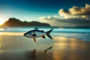 un pescado es saltando fuera de el agua a puesta de sol. generado por ai foto