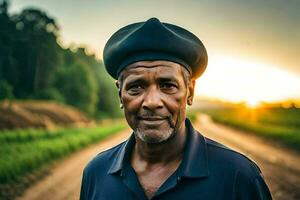 an african man wearing a hat stands in a dirt road. AI-Generated photo