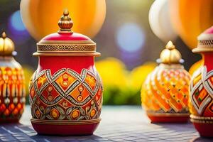many colorful vases are sitting on a table. AI-Generated photo