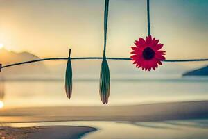 red flower hanging from a wire over the water. AI-Generated photo