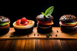 a group of mini desserts on a wooden tray. AI-Generated photo