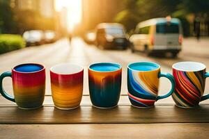 five colorful coffee mugs lined up on a table. AI-Generated photo