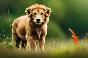 un león es en pie en el césped. generado por ai foto